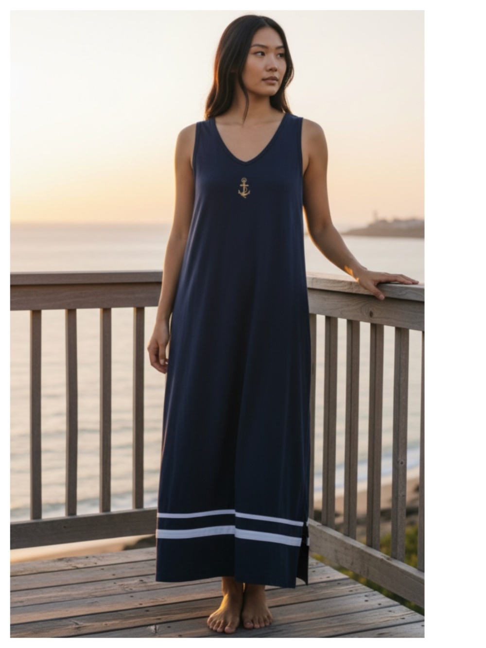 NEW Needle & Threads Sz Large 12 14 Maxi Midi Dress Nautical Anchor Navy Blue